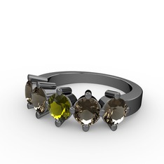 5 Taşlı Yüzük - Peridot ve dumanlı kuvars 925 ayar siyah rodyum kaplama gümüş yüzük #ik9grl