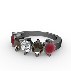 Beyaz zirkon, dumanlı kuvars ve kök yakut 925 ayar siyah rodyum kaplama gümüş yüzük
