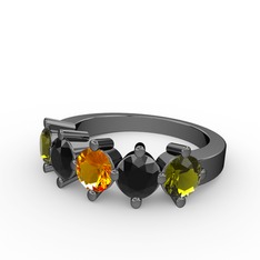 5 Taşlı Yüzük - Sitrin, siyah zirkon ve peridot 925 ayar siyah rodyum kaplama gümüş yüzük #k2of6x