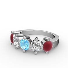 5 Taşlı Yüzük - Akuamarin, swarovski ve kök yakut 8 ayar beyaz altın yüzük #k9daex