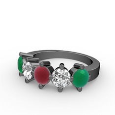 Kök yakut, pırlanta ve kök zümrüt 925 ayar siyah rodyum kaplama gümüş yüzük (1.32 karat)