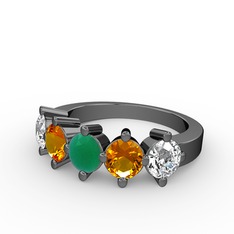 Kök zümrüt, sitrin ve swarovski 925 ayar siyah rodyum kaplama gümüş yüzük