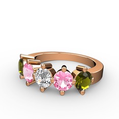 Beyaz zirkon, pembe kuvars ve peridot 14 ayar rose altın yüzük