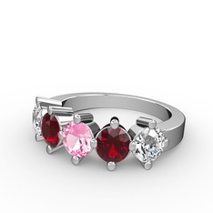 Pembe kuvars, garnet ve swarovski 14 ayar beyaz altın yüzük