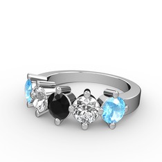 5 Taşlı Yüzük - Siyah zirkon, swarovski ve akuamarin 925 ayar gümüş yüzük #mh796b