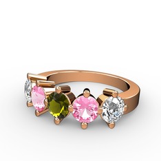 5 Taşlı Yüzük - Peridot, pembe kuvars ve pırlanta 18 ayar rose altın yüzük (1.32 karat) #mjyx03