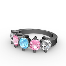 5 Taşlı Yüzük - Akuamarin, pembe kuvars ve swarovski 925 ayar siyah rodyum kaplama gümüş yüzük #ml492e