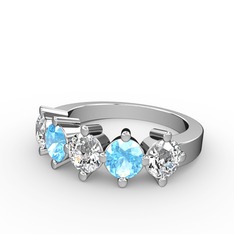 5 Taşlı Yüzük - Beyaz zirkon, akuamarin ve pırlanta 8 ayar beyaz altın yüzük (1.32 karat) #mnt7pp