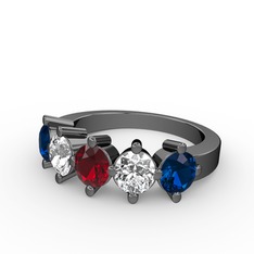 5 Taşlı Yüzük - Garnet, pırlanta ve lab safir 925 ayar siyah rodyum kaplama gümüş yüzük (1.32 karat) #ntg2lc
