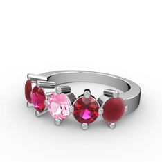 5 Taşlı Yüzük - Pembe kuvars, rodolit garnet ve kök yakut 14 ayar beyaz altın yüzük #o3nxo4