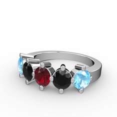 5 Taşlı Yüzük - Garnet, siyah zirkon ve akuamarin 8 ayar beyaz altın yüzük #o4w6fg