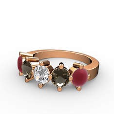 5 Taşlı Yüzük - Beyaz zirkon, dumanlı kuvars ve kök yakut 14 ayar rose altın yüzük #ot2g4a