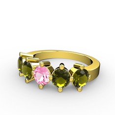 5 Taşlı Yüzük - Pembe kuvars ve peridot 14 ayar altın yüzük #p0hps3