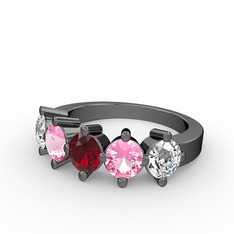 5 Taşlı Yüzük - Garnet, pembe kuvars ve swarovski 925 ayar siyah rodyum kaplama gümüş yüzük #p185wl