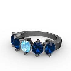 5 Taşlı Yüzük - Akuamarin ve lab safir 925 ayar siyah rodyum kaplama gümüş yüzük #plxbrq
