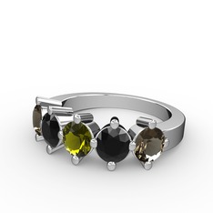 5 Taşlı Yüzük - Peridot, siyah zirkon ve dumanlı kuvars 8 ayar beyaz altın yüzük #pt0br1