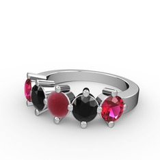 5 Taşlı Yüzük - Kök yakut, siyah zirkon ve rodolit garnet 8 ayar beyaz altın yüzük #qhhux8