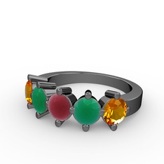 5 Taşlı Yüzük - Kök yakut, kök zümrüt ve sitrin 925 ayar siyah rodyum kaplama gümüş yüzük #qlq2d1