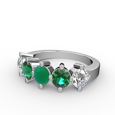 5 Taşlı Yüzük - Kök zümrüt, yeşil kuvars ve swarovski 14 ayar beyaz altın yüzük #r3a748