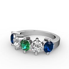 5 Taşlı Yüzük - Yeşil kuvars, swarovski ve lab safir 14 ayar beyaz altın yüzük #r7dlin