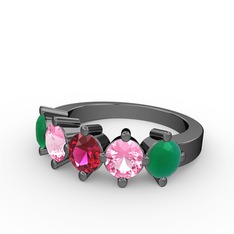 5 Taşlı Yüzük - Rodolit garnet, pembe kuvars ve kök zümrüt 925 ayar siyah rodyum kaplama gümüş yüzük #ruwxyj