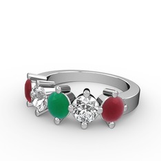 Kök zümrüt, swarovski ve kök yakut 14 ayar beyaz altın yüzük