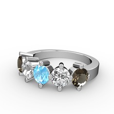 5 Taşlı Yüzük - Akuamarin, pırlanta ve dumanlı kuvars 14 ayar beyaz altın yüzük (1.32 karat) #rwxdv4