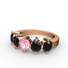 5 Taşlı Yüzük - Pembe kuvars ve siyah zirkon 18 ayar rose altın yüzük #s2psyp