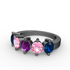 5 Taşlı Yüzük - Ametist, pembe kuvars ve lab safir 925 ayar siyah rodyum kaplama gümüş yüzük #s526ye