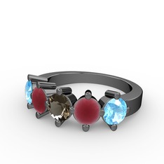 5 Taşlı Yüzük - Dumanlı kuvars, kök yakut ve akuamarin 925 ayar siyah rodyum kaplama gümüş yüzük #sb6bdt