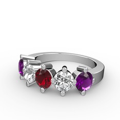 Garnet, beyaz zirkon ve ametist 14 ayar beyaz altın yüzük