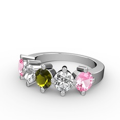 5 Taşlı Yüzük - Peridot, pırlanta ve pembe kuvars 18 ayar beyaz altın yüzük (1.32 karat) #t2g871