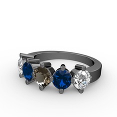 5 Taşlı Yüzük - Dumanlı kuvars, lab safir ve beyaz zirkon 925 ayar siyah rodyum kaplama gümüş yüzük #t6aff