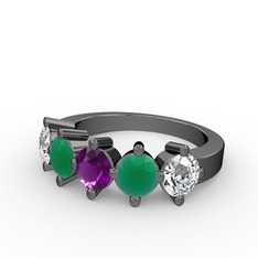 5 Taşlı Yüzük - Ametist, kök zümrüt ve swarovski 925 ayar siyah rodyum kaplama gümüş yüzük #te411l