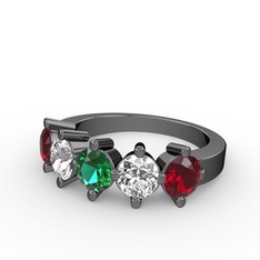 5 Taşlı Yüzük - Yeşil kuvars, pırlanta ve garnet 925 ayar siyah rodyum kaplama gümüş yüzük (1.32 karat) #tf8pym