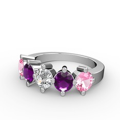 5 Taşlı Yüzük - Swarovski, ametist ve pembe kuvars 925 ayar gümüş yüzük #tqkrdc