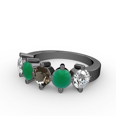 5 Taşlı Yüzük - Dumanlı kuvars, kök zümrüt ve beyaz zirkon 925 ayar siyah rodyum kaplama gümüş yüzük #u2trt6