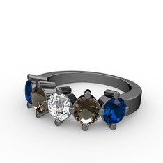 Swarovski, dumanlı kuvars ve lab safir 925 ayar siyah rodyum kaplama gümüş yüzük