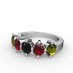 5 Taşlı Yüzük - Siyah zirkon, garnet ve peridot 18 ayar beyaz altın yüzük #udcps