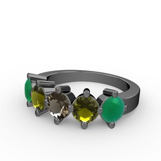 Dumanlı kuvars, peridot ve kök zümrüt 925 ayar siyah rodyum kaplama gümüş yüzük