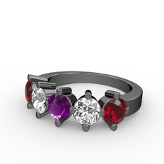 5 Taşlı Yüzük - Ametist, pırlanta ve garnet 925 ayar siyah rodyum kaplama gümüş yüzük (1.32 karat) #v04zd5