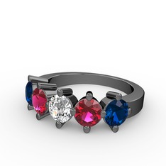Swarovski, rodolit garnet ve lab safir 925 ayar siyah rodyum kaplama gümüş yüzük