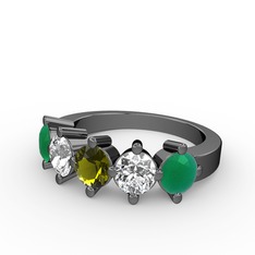 Peridot, pırlanta ve kök zümrüt 925 ayar siyah rodyum kaplama gümüş yüzük (1.32 karat)