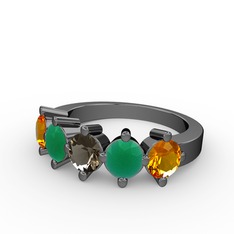 5 Taşlı Yüzük - Dumanlı kuvars, kök zümrüt ve sitrin 925 ayar siyah rodyum kaplama gümüş yüzük #vu93la