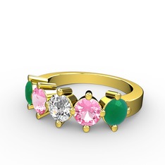 5 Taşlı Yüzük - Beyaz zirkon, pembe kuvars ve kök zümrüt 8 ayar altın yüzük #vxq25c