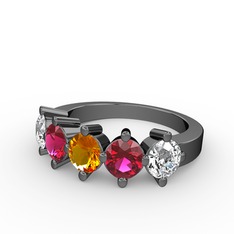 5 Taşlı Yüzük - Sitrin, rodolit garnet ve pırlanta 925 ayar siyah rodyum kaplama gümüş yüzük (1.32 karat) #wpk6r0
