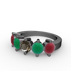 5 Taşlı Yüzük - Dumanlı kuvars, kök zümrüt ve kök yakut 925 ayar siyah rodyum kaplama gümüş yüzük #wu2l9z