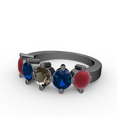 5 Taşlı Yüzük - Dumanlı kuvars, lab safir ve kök yakut 925 ayar siyah rodyum kaplama gümüş yüzük #x9i90q
