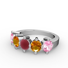 5 Taşlı Yüzük - Kök yakut, sitrin ve pembe kuvars 14 ayar beyaz altın yüzük #xhq83y