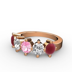 Pembe kuvars, beyaz zirkon ve kök yakut 14 ayar rose altın yüzük